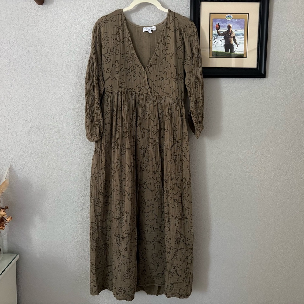 NWOT! Michael Stars Isabella Midi Dress Gauze Olive Floral Tie Waist 100% Cotton